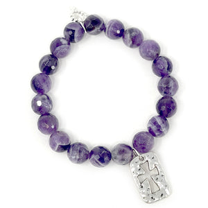 10mm Faceted Amethyst Agate paired with an Open Cut Hammered Silver Cross
