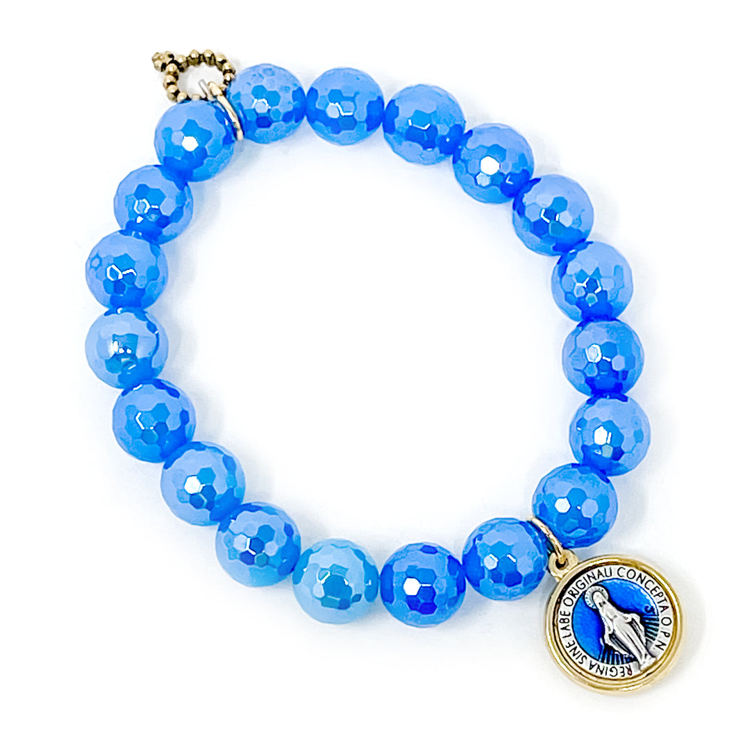 10mm Faceted Blue Agate paired with a Blue Enameled Blessed Mother