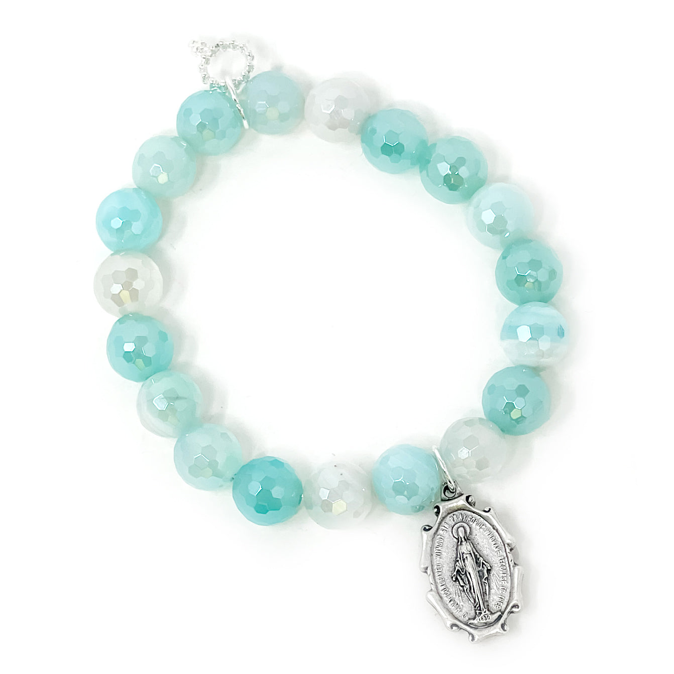 10mm Faceted Iridescent Caribbean Agate paired with a silver Miraculous medal