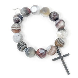 River Rock Striped Agate with Dark Bronze Cross