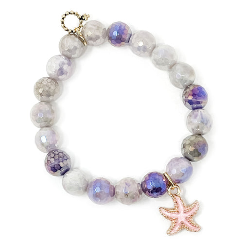 10mm Faceted Iridescent Lavender Flowers Agate with Pink Enameled Starfish