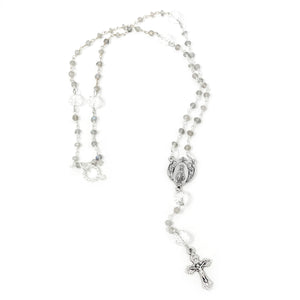 13" Labradorite Rosary with Pearl Accents and Silver Blessed Mother Center