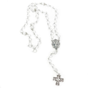19" Clear Quartz Rosary with Pearl Accents and Blessed Mother Center