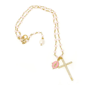 18" Pink Agate Rosary Chain with Pave Cross and Pink Blessed Mother