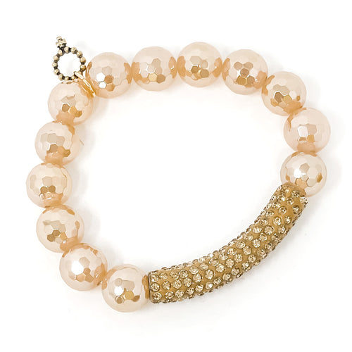 12mm Faceted Iridescent Gold Quartz with Gold Pave Bar