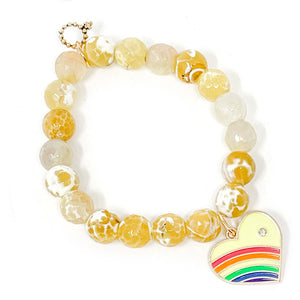 10mm Petite Faceted Limoncello Agate with Yellow Enameled Rainbow Heart