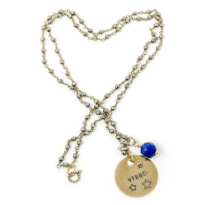 34" Pyrite Chain with Virgo Medal and Gemstone Droplet