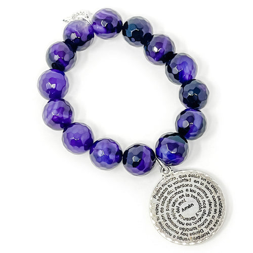 Faceted Purple Swirl Agate with Silver Lord's Prayer-Spanish
