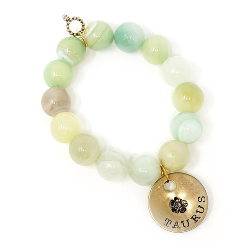 Light Green Agate with Bronze Hand Stamped Taurus medal