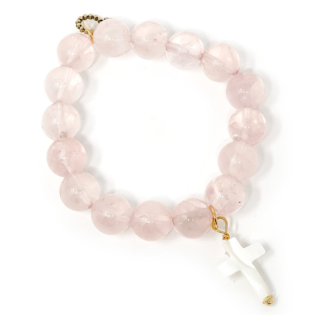 12mm Rose Quartz with Mother of Pearl Cross