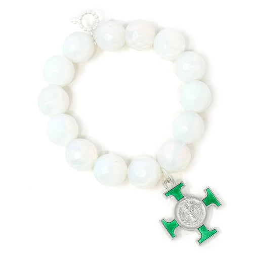 Faceted Opalite with Green Enameled St. Benedict
