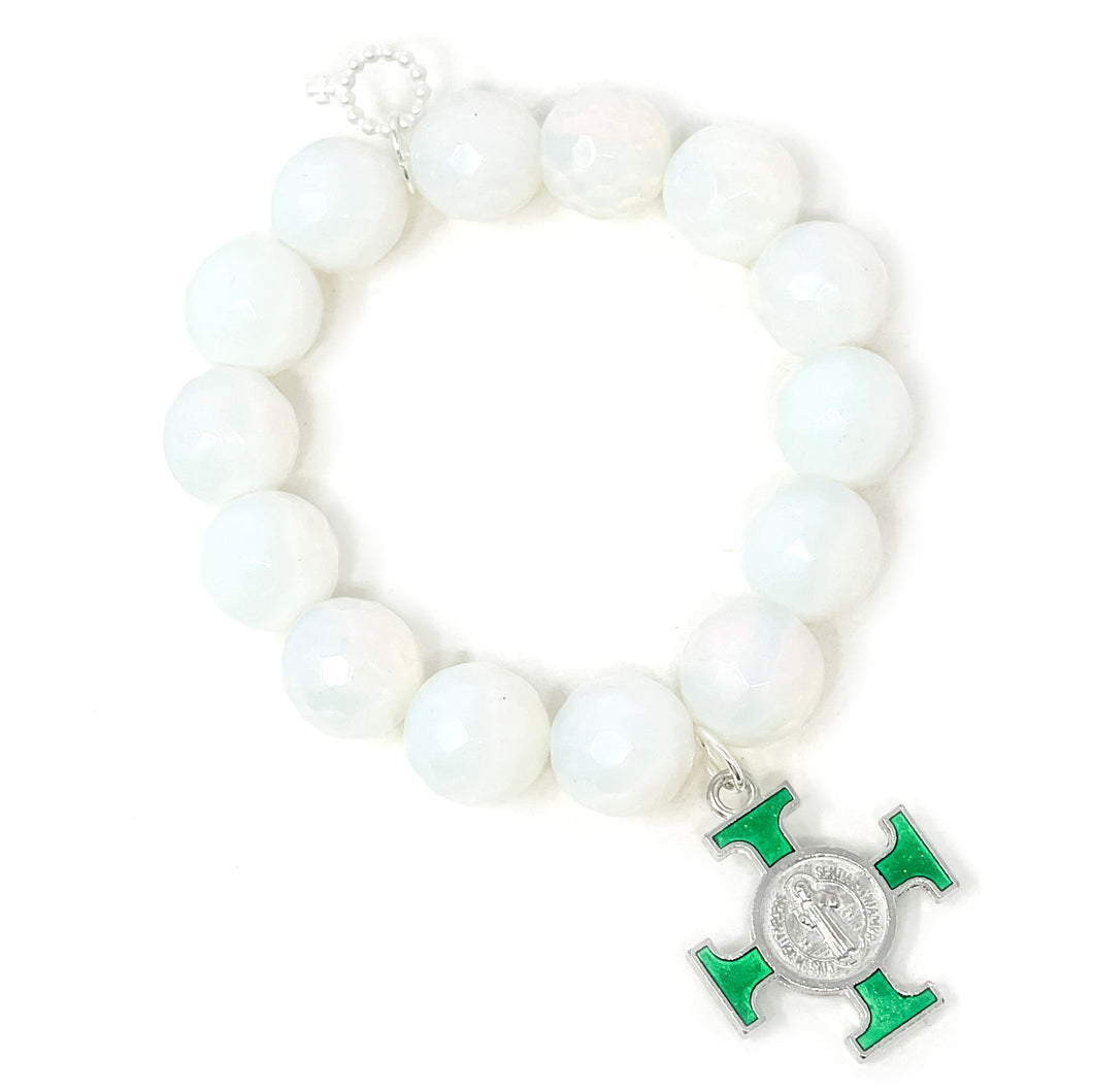 Faceted Opalite with Green Enameled St. Benedict