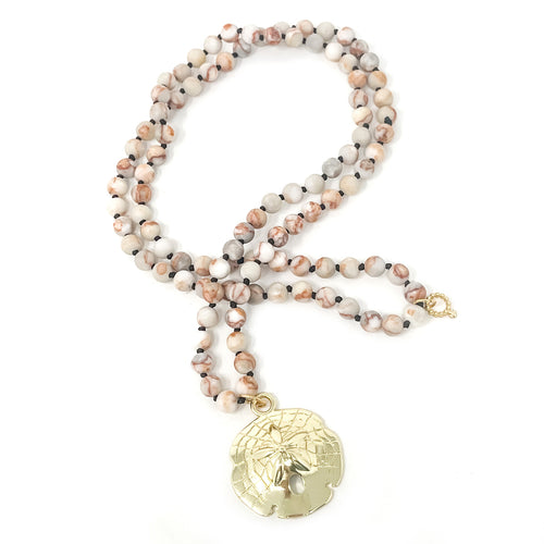 Sand Drift Agate Hand Tied Necklace with Large Gold Sand Dollar