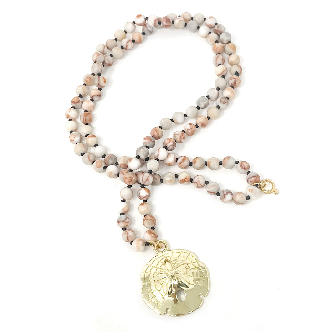 Sand Drift Agate Hand Tied Necklace with Large Gold Sand Dollar