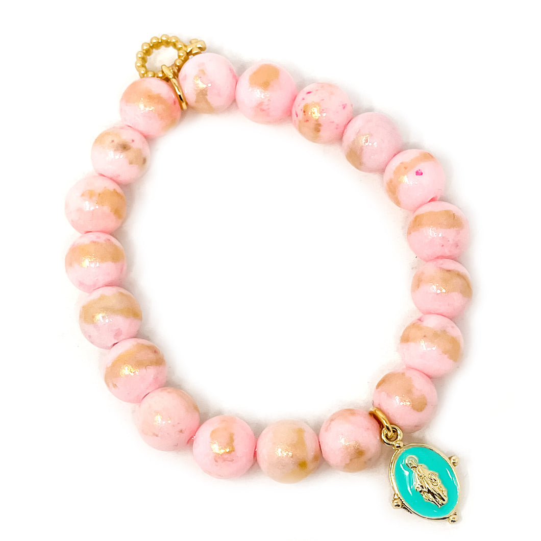 10mm Blush Pink Angel Kiss Agate with Turquoise Enameled Blessed Mother