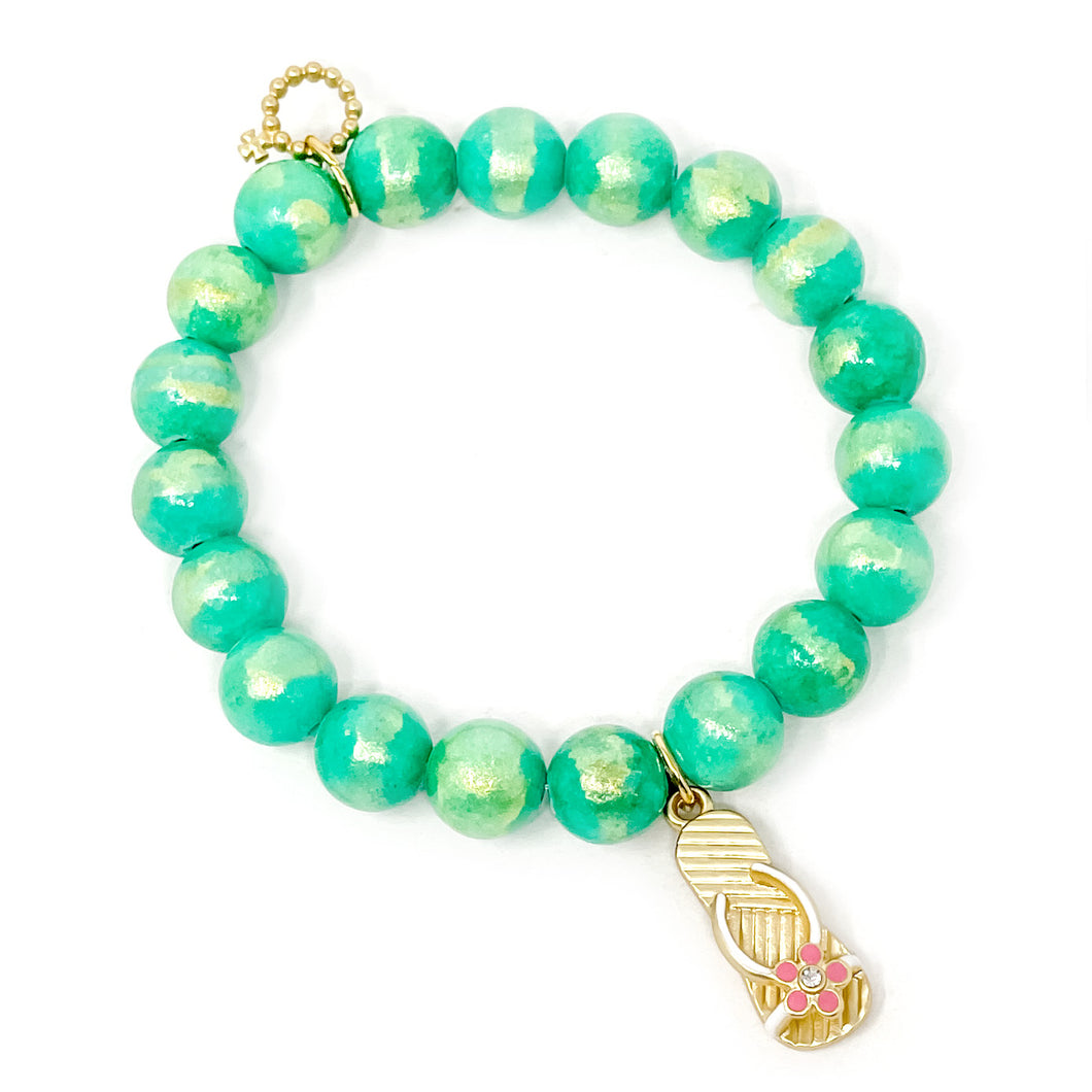 10mm Preppy Green Angel Kiss Agate with Pink Enameled Flip Flop