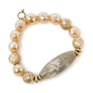 12mm Faceted Gold Iridescent Quartz with Coral Statement and Matte Gold Accents