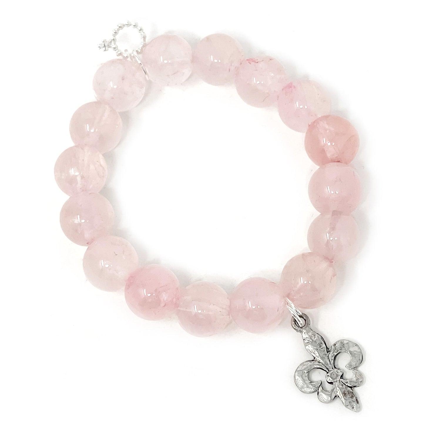 12mm Rose Quartz with Small Silver Fleur