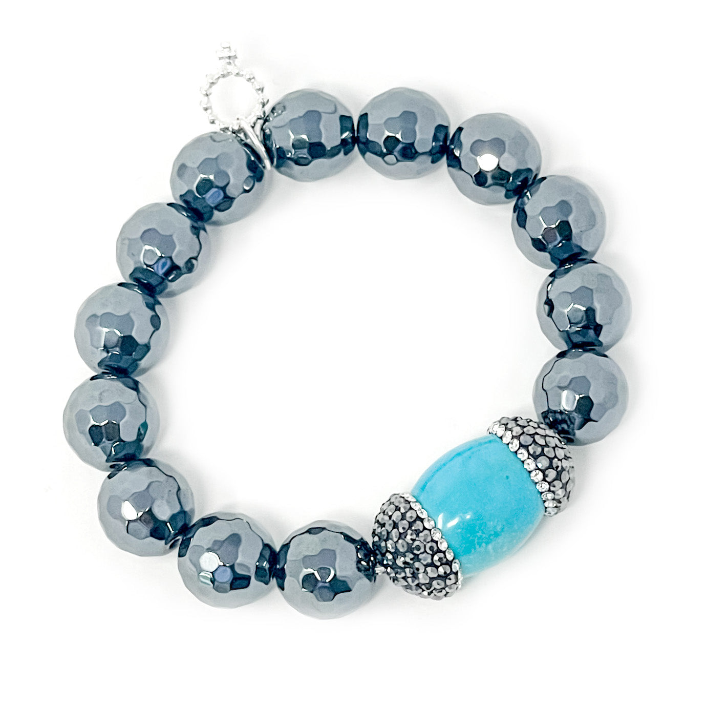 12mm Faceted Gunmetal Hematite with Blue Howlite Pave Barrel