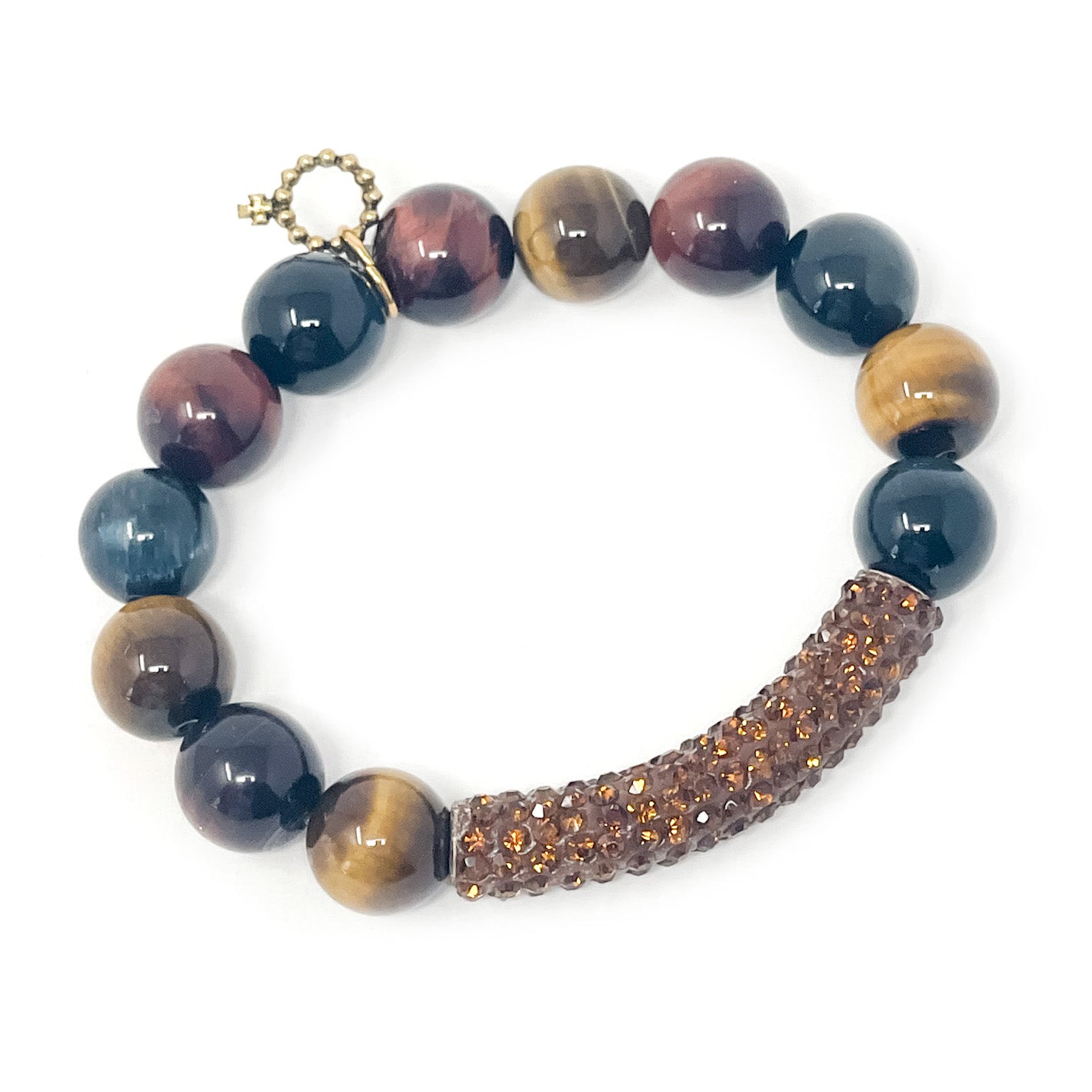 12mm Multicolored Tiger Eye with amber Pave Bar