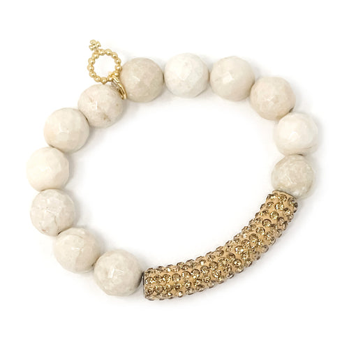 12mm Faceted Cream Coral with Gold Pave Bar