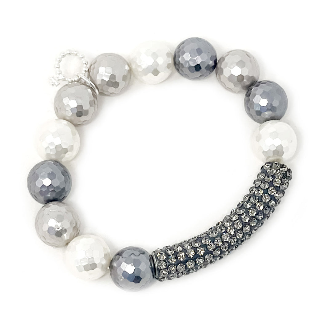 12mm Faceted Multicolor Mother of Pearl with Grey Pave Bar