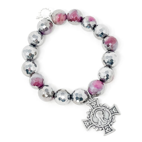 10mm Faceted Pink and Silver Agate with Antique Silver Mary Cross
