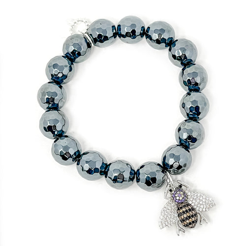 12mm Faceted Gunmetal Hematite with Pave Bee