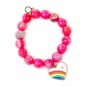 12mm Faceted Hot Pink Agate with Pink Rainbow Heart