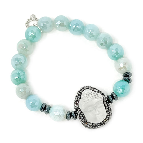 10mm Faceted Iridescent Caribbean Agate with Frosted Glass Buddha
