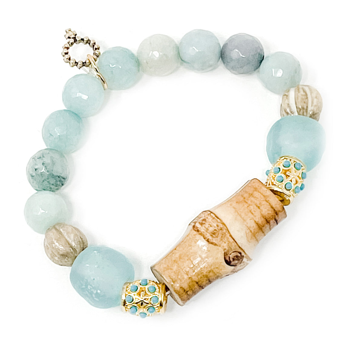 10mm Faceted Amazonite with Bamboo Statement and Seaglass Accents