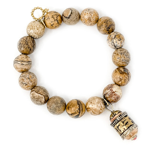 12mm Faceted Picture Jasper with Nepalese Prayer Charm