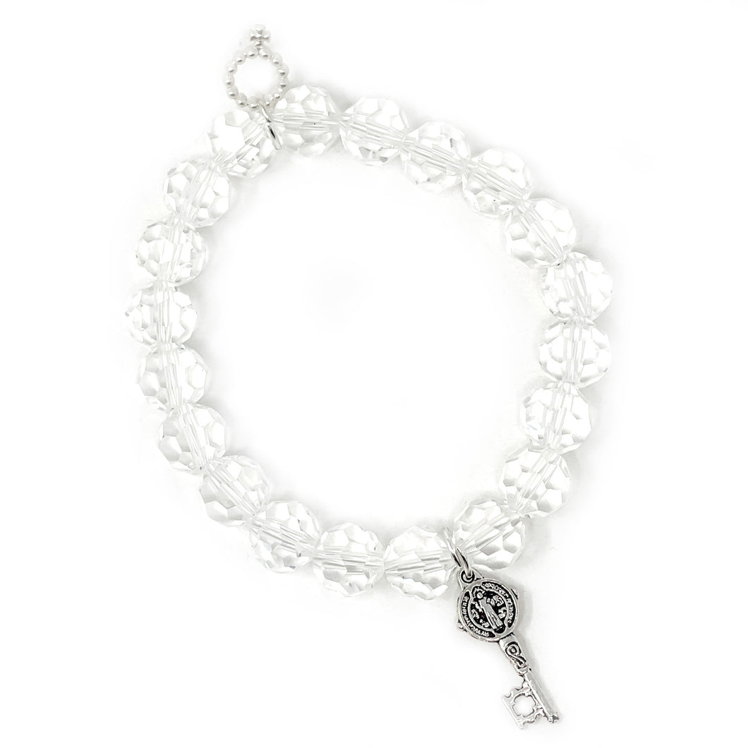 10mm Faceted Clear Quartz with St. Benedict Key