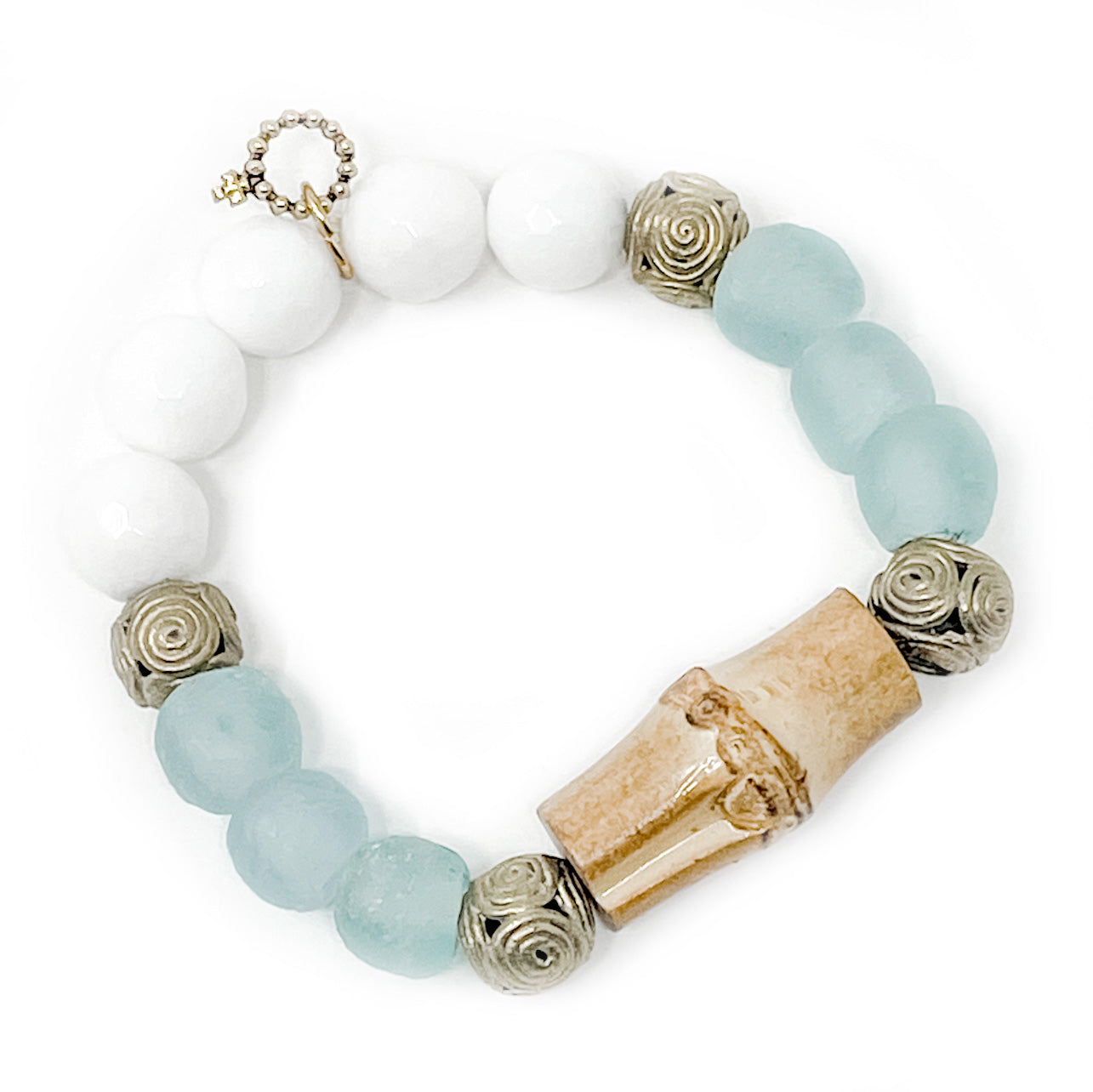 12mm Faceted White Agate with Bamboo Statement and Seaglass Accents