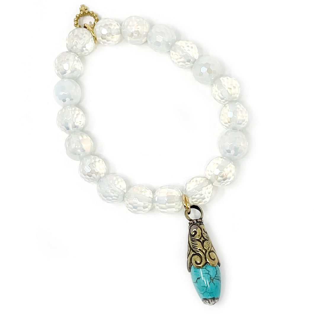 10mm Faceted Iridescent Opalite with Blue Howlite Droplet