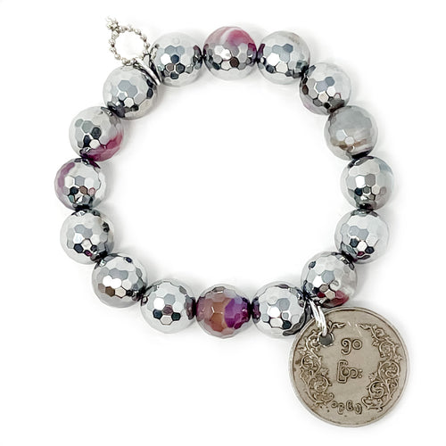 12mm Faceted Silver and Pink Agate with Nepalese Coin