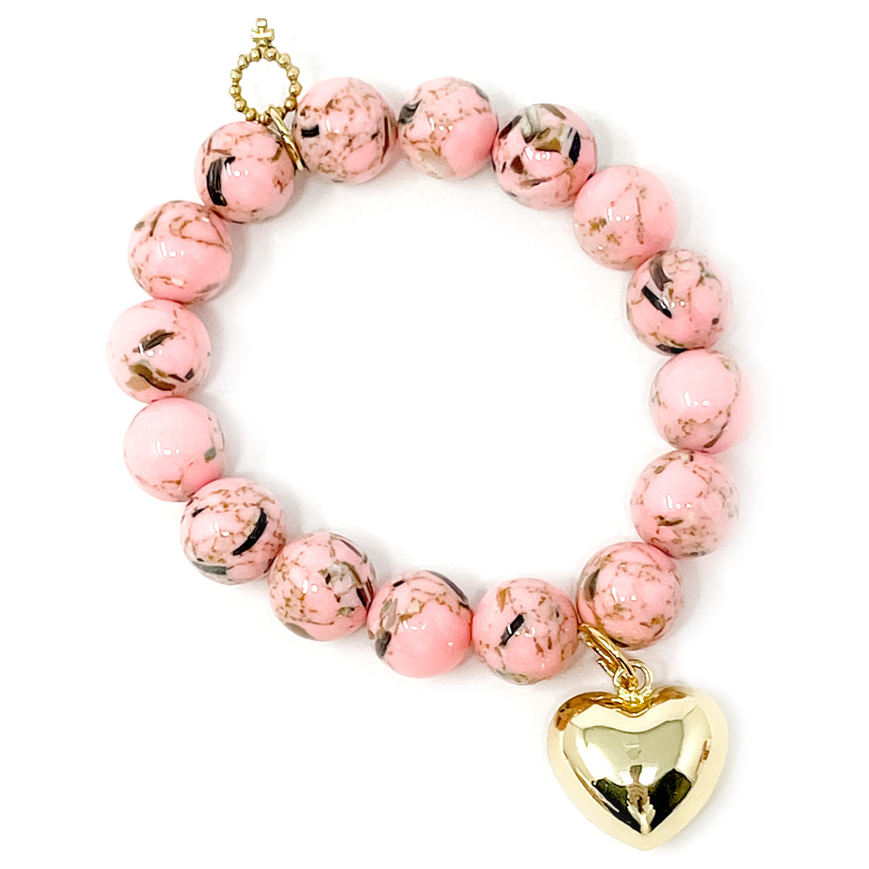 12mm Blush Mosiac Agate with Gold Puffy Heart