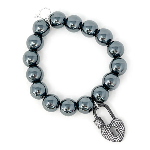 12mm Faceted Gunmetal Hematite with Pave Key to My Heart Locket