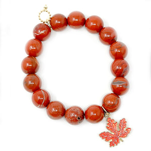 12mm River Rock Jasper with Red Enameled Maple Leaf