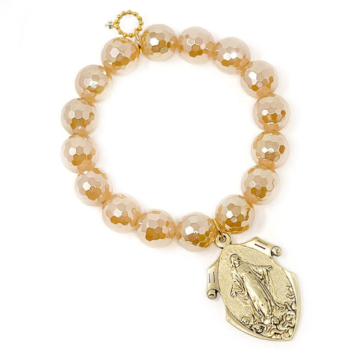 12mm Faceted Gold Iridescent Quartz with Large Gold Shield of Mary