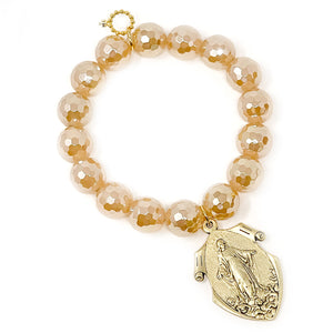 12mm Faceted Gold Iridescent Quartz with Large Gold Shield of Mary