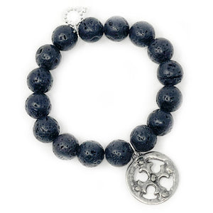 12mm Black Lava with Antique Silver Round Cross