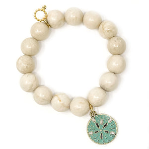 12mm Cream Coral with Teal Enameled Sanddollar