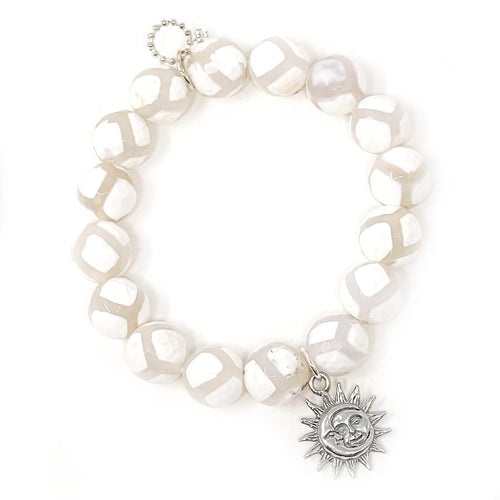 12mm Faceted White Gingham Agate with Antique Silver Sun