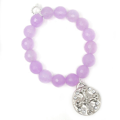 12mm Faceted Lavender Jade with Silver Crystal Cross