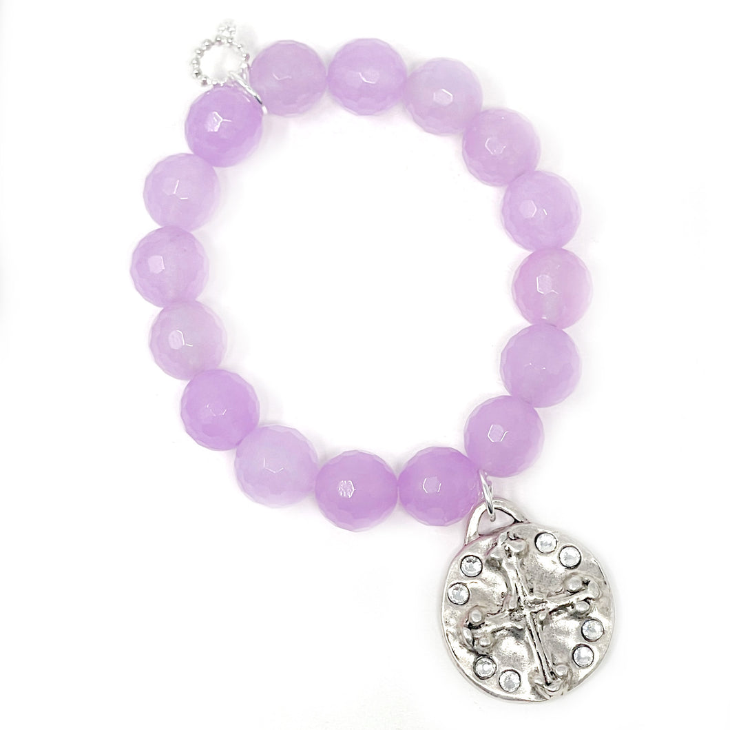 12mm Faceted Lavender Jade with Silver Crystal Cross