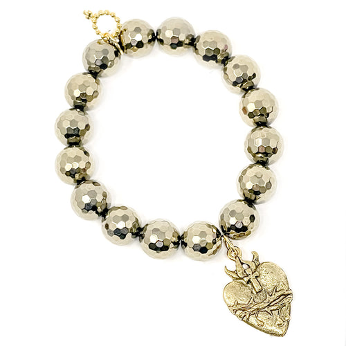 12mm Faceted Antique Gold Hematite with Gold Sacred Heart