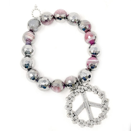 12mm Faceted Pink and Silver Agate with Large Floral Peace Sign