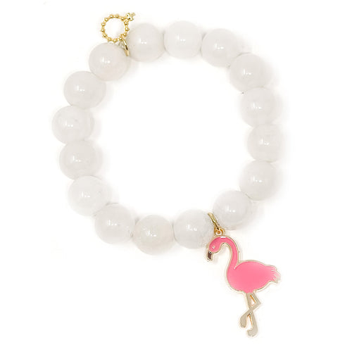 12mm White Jade with Large Pink Flamingo