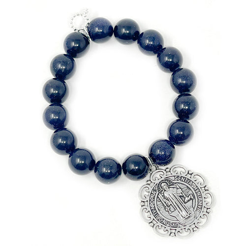 12mm Navy Goldstone with Silver Frilly St. Benedict
